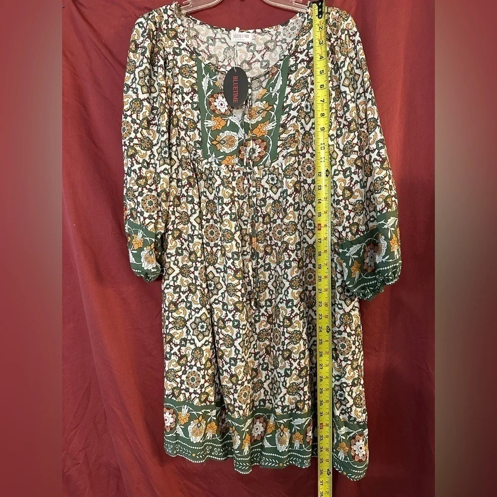 Bluetime Boho Casual/Dressy 3/4 sleeve Pleated Yoke /V neck Dress Size Small New - Picture 11 of 16